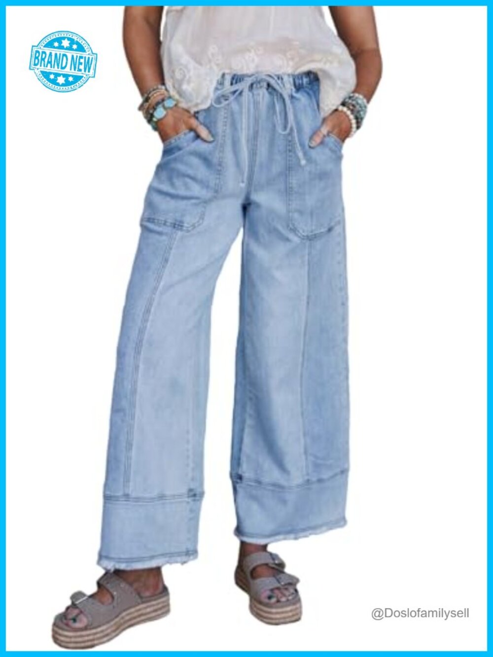 Wide Leg High Waisted Baggy Jeans Stretchy Drawstring Denim Pants